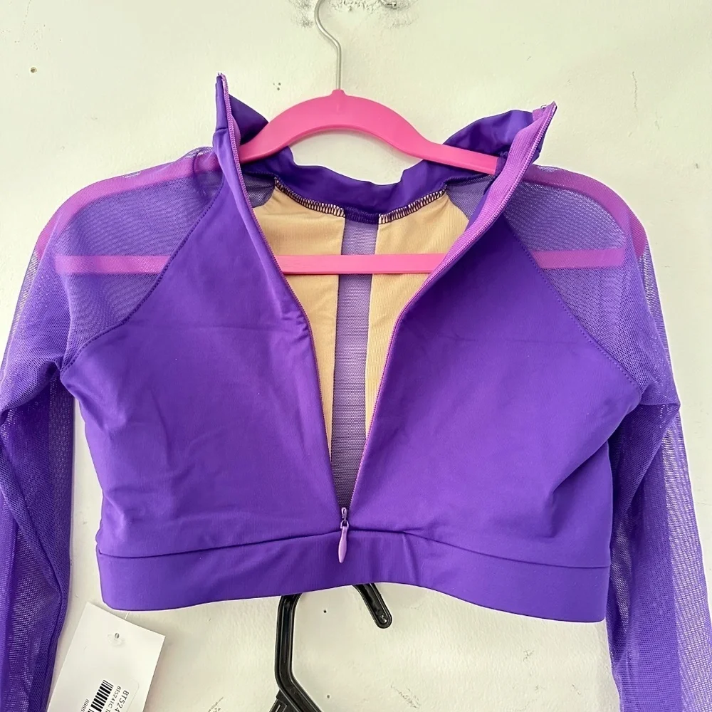 Baltogs Pink High Neck Mesh Long Sleeve Crop Top High Waisted Briefs Dance Set